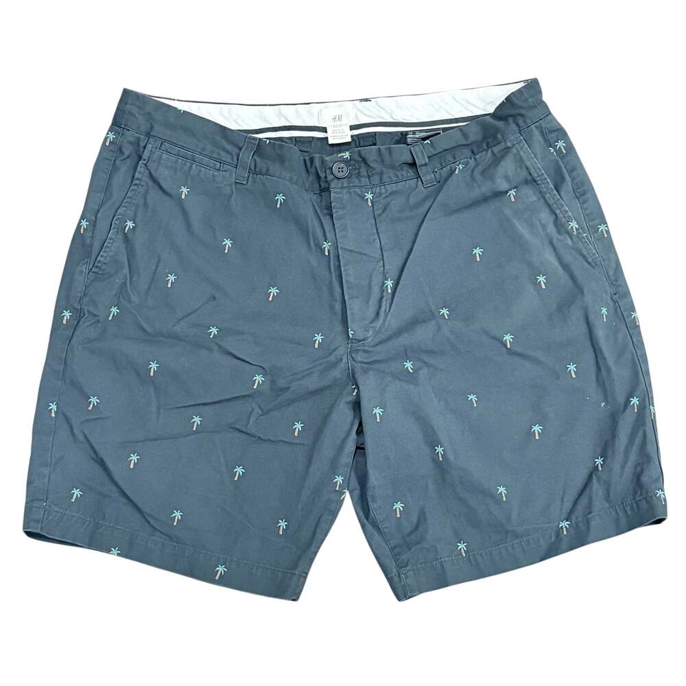 H&M Men's Regular Fit Navy Blue Palm Tree Embroidered Chino Shorts Size 36